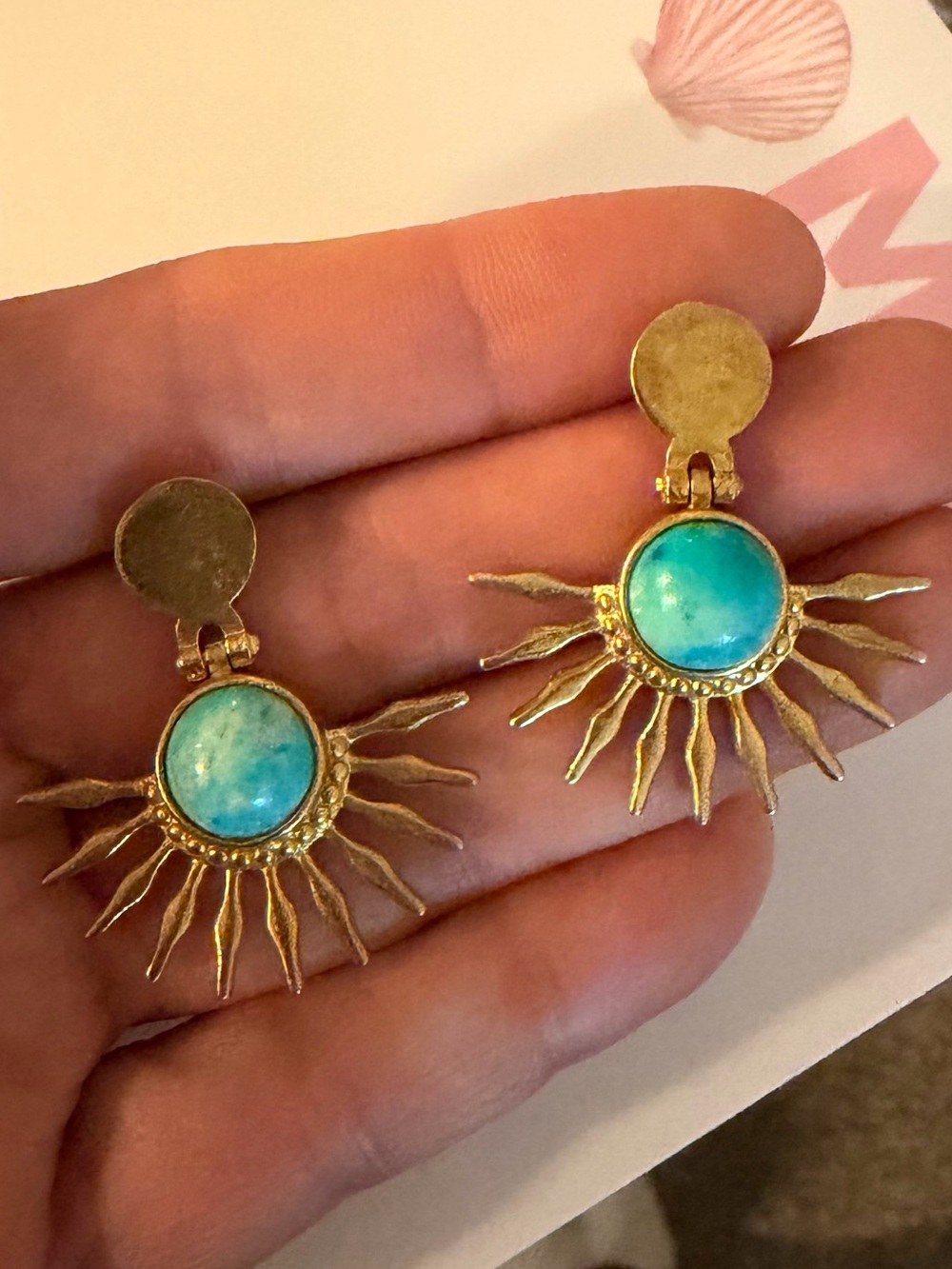 Turkish Gold Played Sunburst Drop Earrings with Turquoise-Colored Natural Stone - Picture 2 of 5